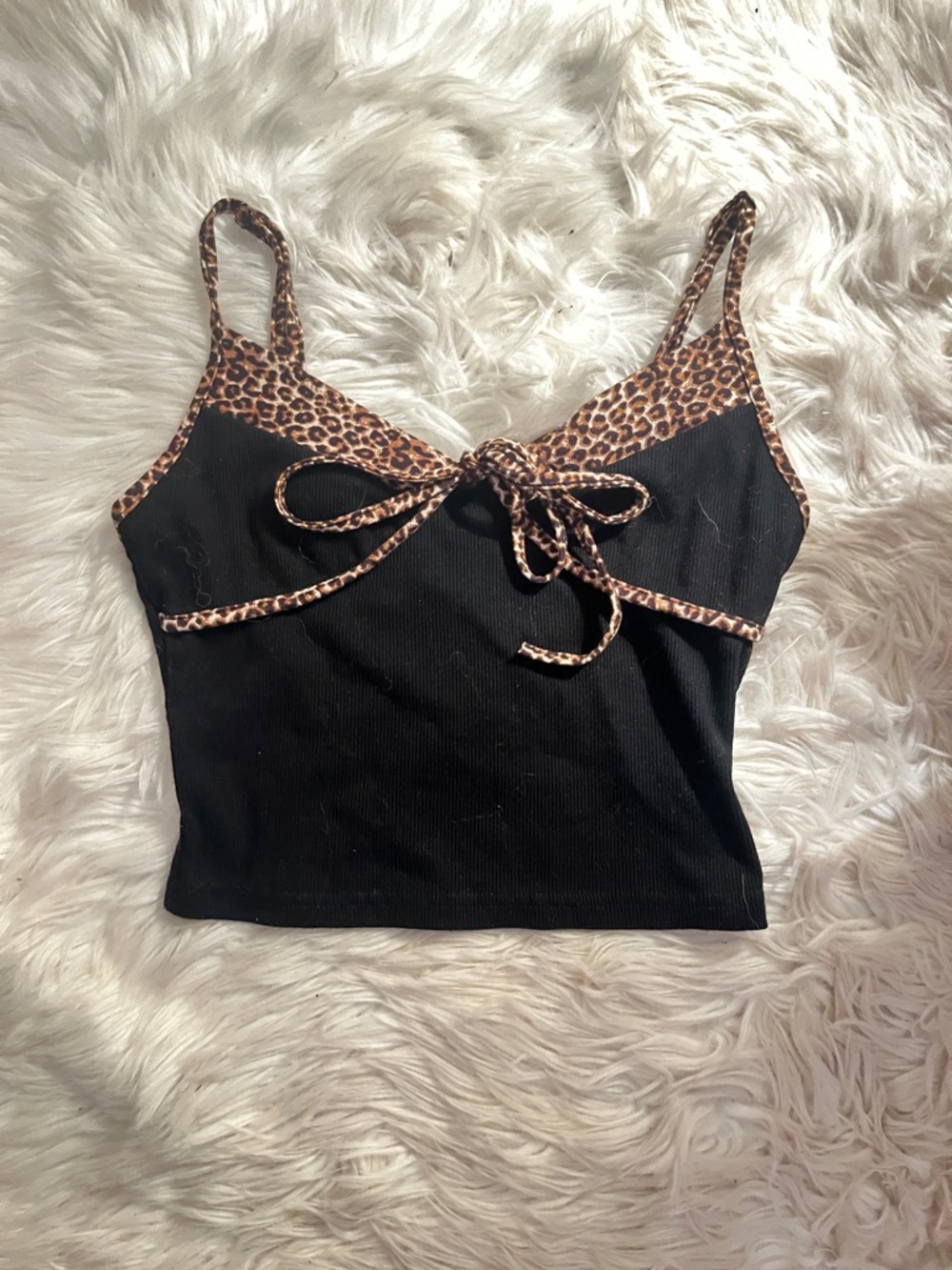 SHEIN Black Ribbed Cami with Leopard Trim and Tie